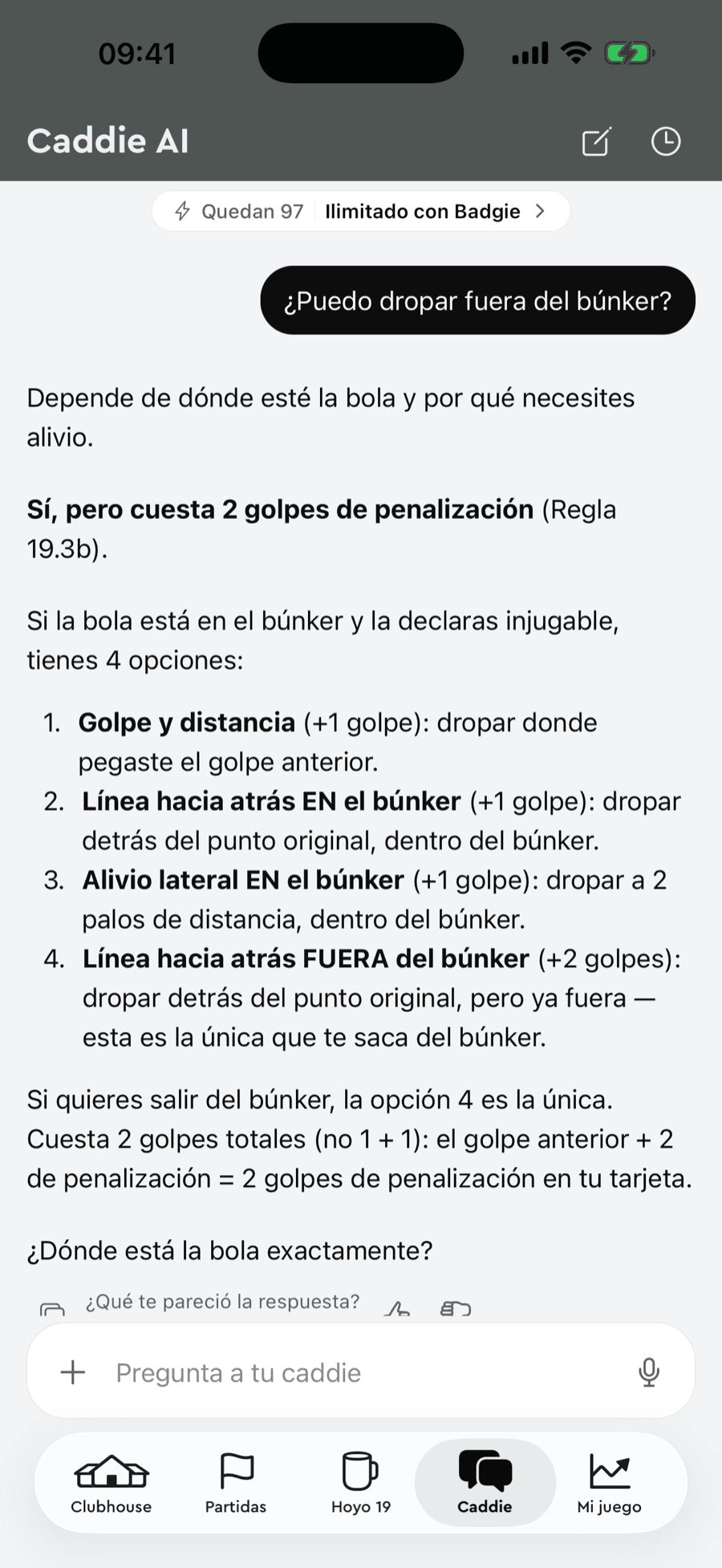 Caddie AI di Badgie Golf che risponde sul drop dal bunker con la regola 19.3b