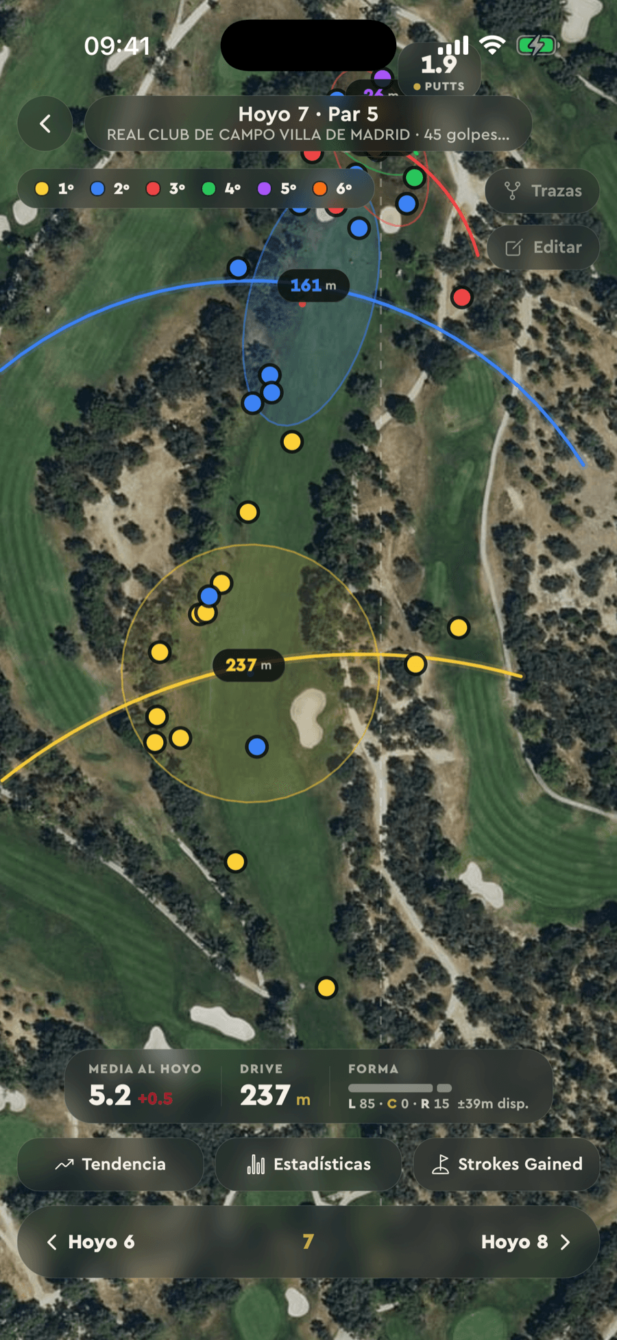 Dispersione dei colpi di Badgie Golf sul satellite della buca 7, con Strokes Gained