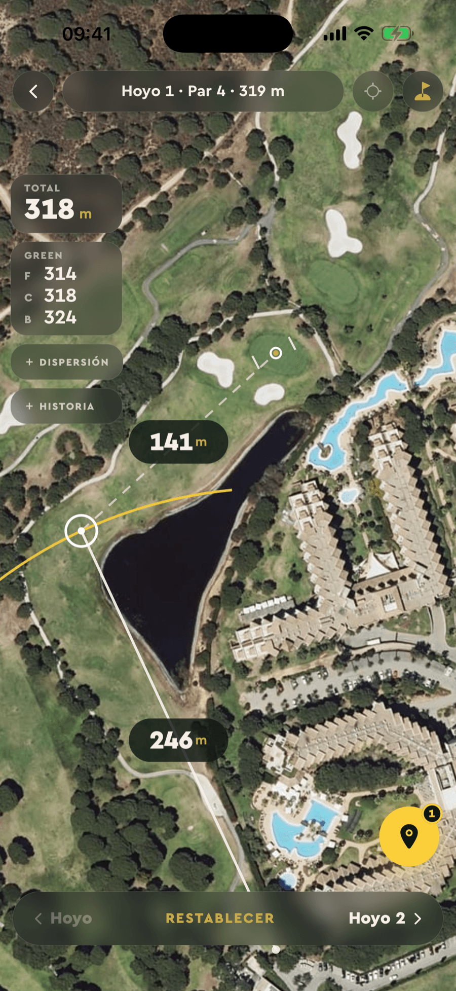 Rangefinder GPS di Badgie Golf: distanza al green su immagine satellitare