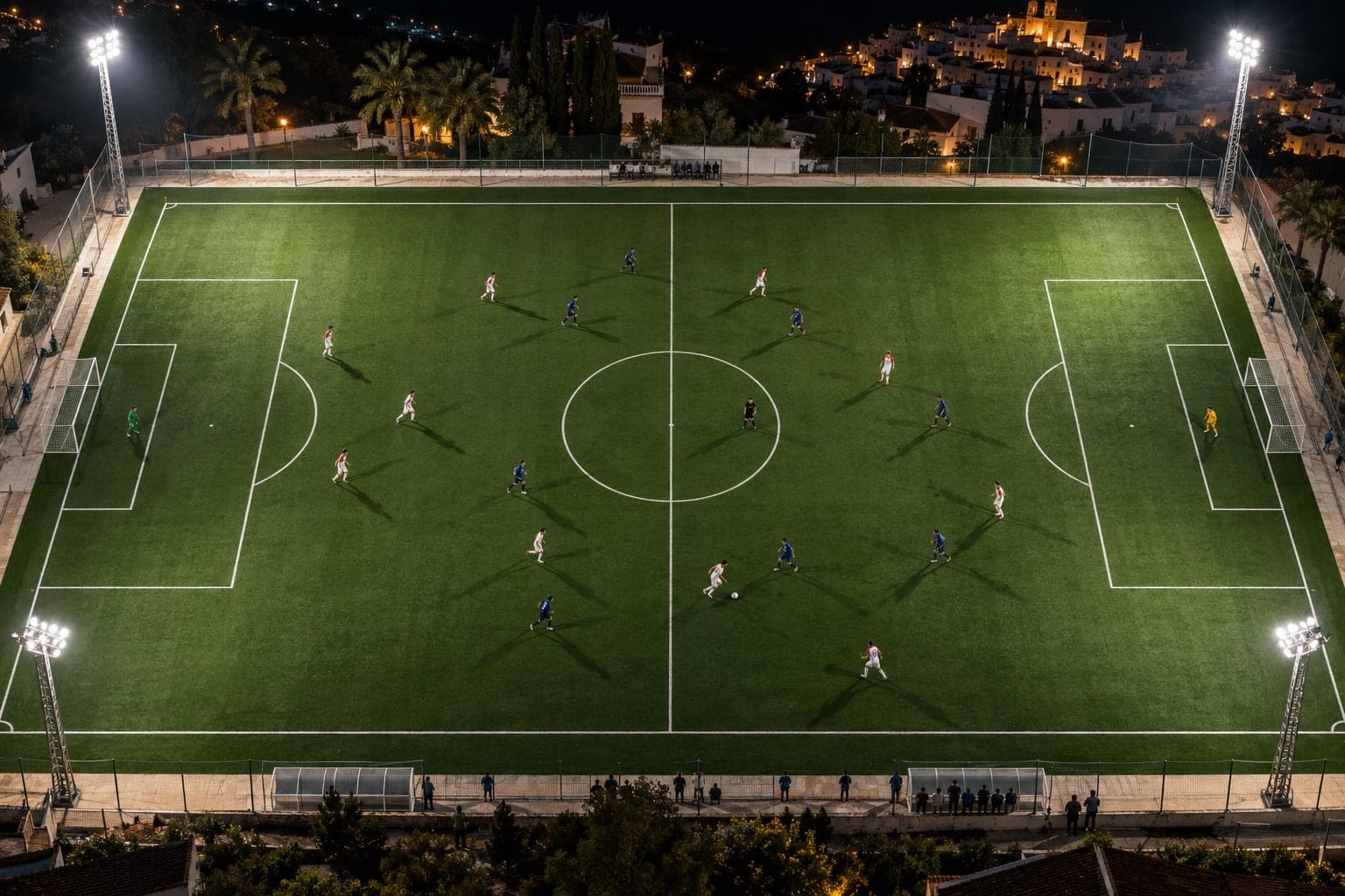Veduta aerea di una partita di calcio giovanile su un campo illuminato di notte